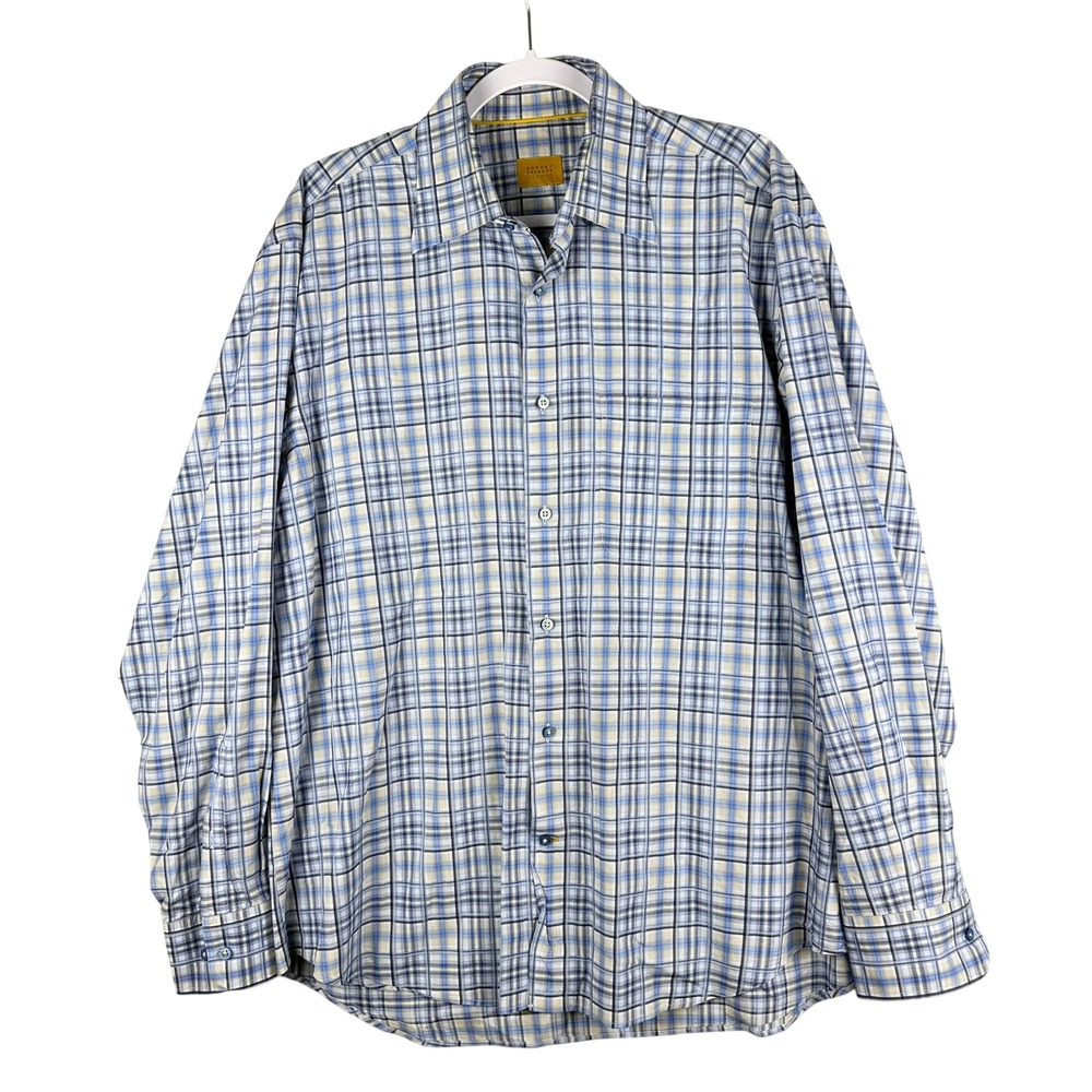 Robert Talbott Carmel Mens L Shirt Blue Plaid Cotton Long Sleeve Button Up‎